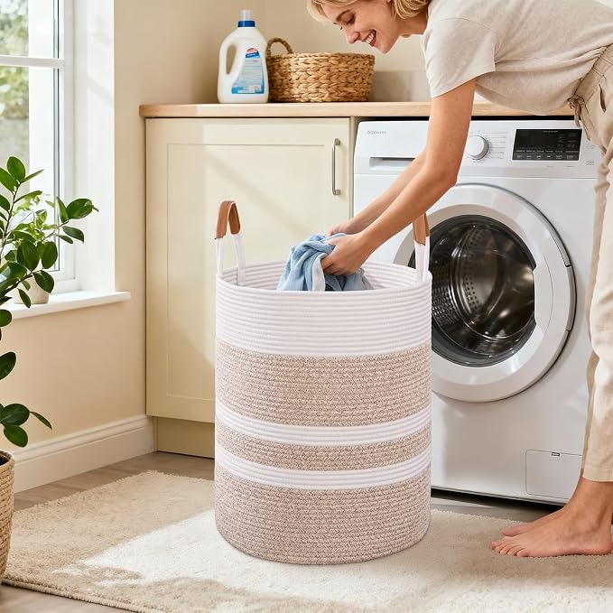 90L Striped Laundry Basket, Woven Cotton Rope Storage Bin - Image 2