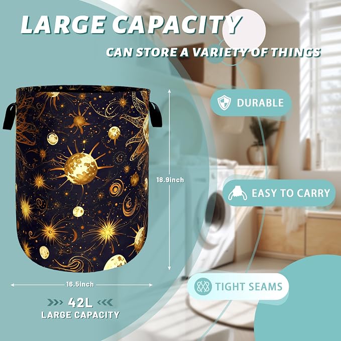 Golden Sun Pattern Laundry Basket Galaxy Funny Laundry Hamper Foldable Oxford - Image 2