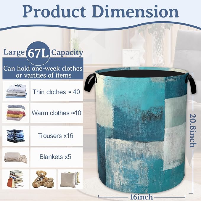 Turquoise Grey Abstract Art Painting Laundry Basket, Foldable Oxford Cloth - Image 2