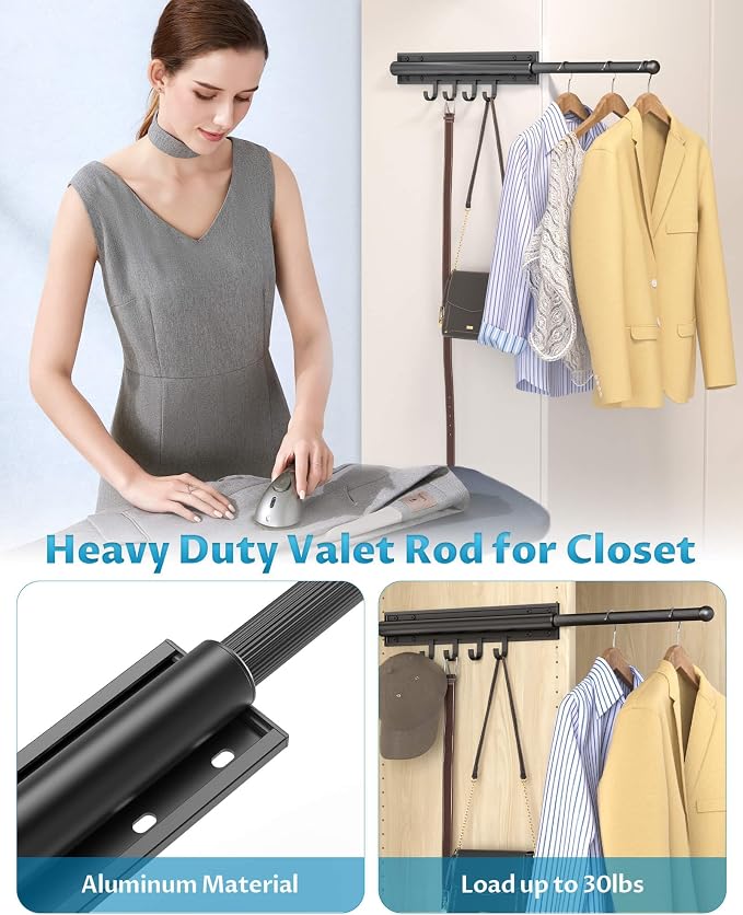 12 Inch Valet Rod for Closet Pull Out, Retractable Closet Rod for Hanging - Image 3