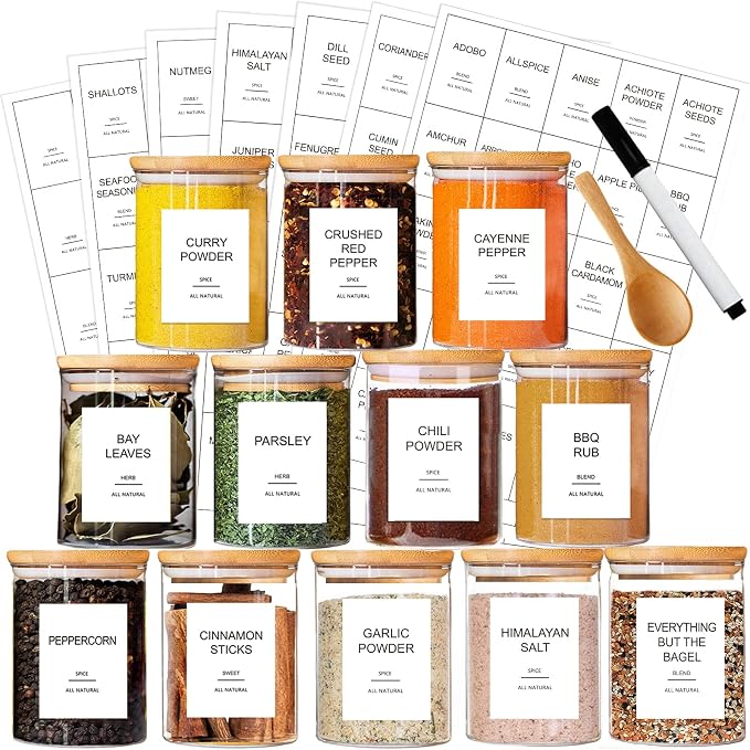 12 Pcs Glass Spice Jars with Bamboo Airtight Lids and 191 Labels by GPOVVIMX