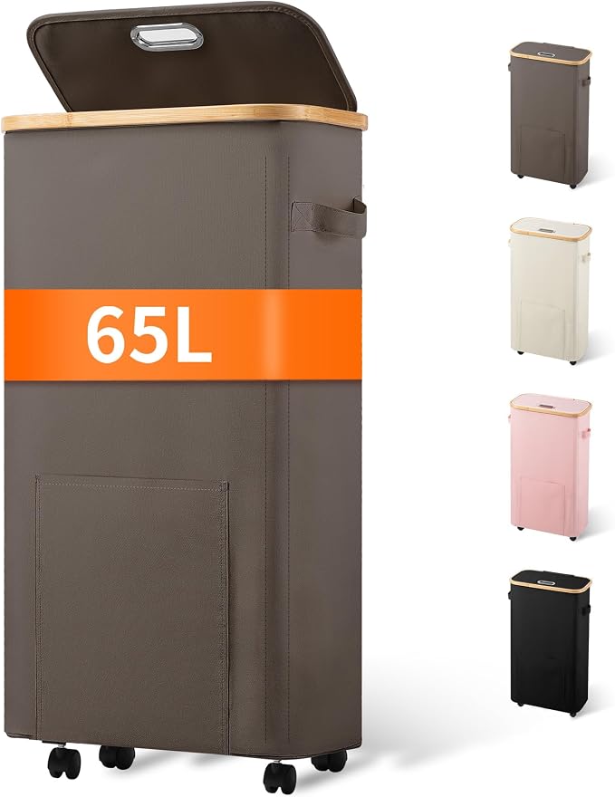 Laundry Basket with Wheels, Tall Dirty Clothes Hamper on Wheels, Rolling by Vincona