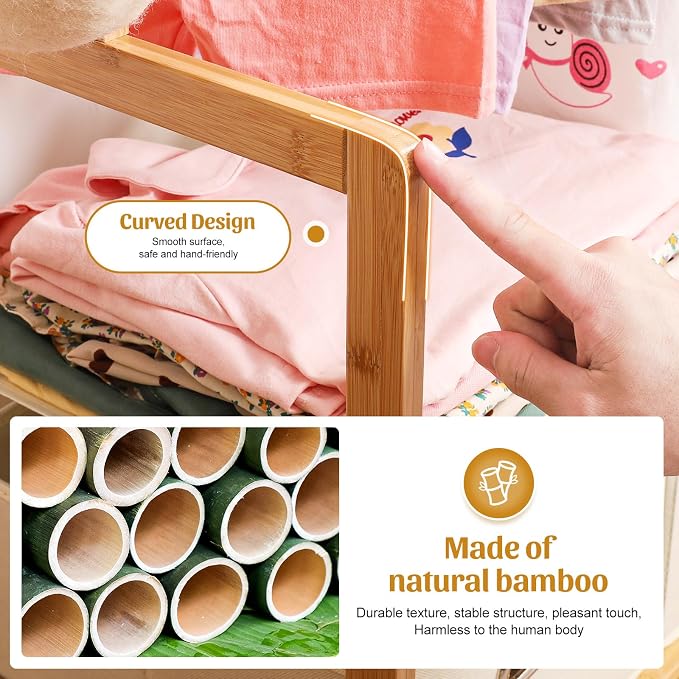 Kids Clothing Rack Bamboo with 2 Storage Baskets and 2 Adjustable Hanging Rods - Image 6