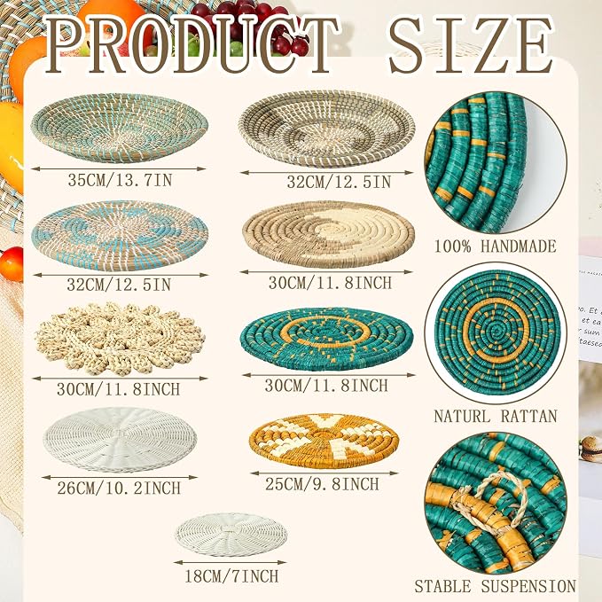 Tatuo 11 Pcs Boho Wall Basket Decor Decorative Bulrush Woven Basket Wall Decor - Image 3