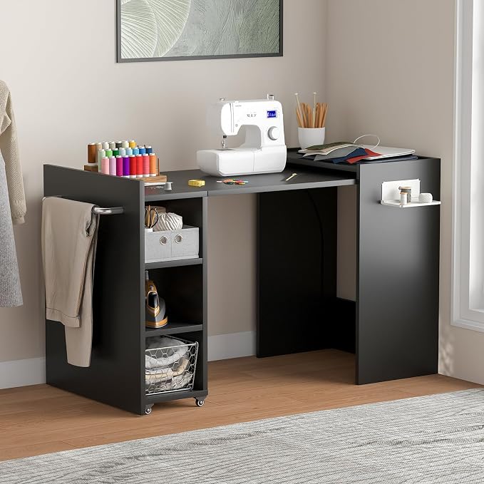 Folding Sewing Table, Wall Mount Sewing Machine Cabinet w/ Storage Shelves & by Kikihouse
