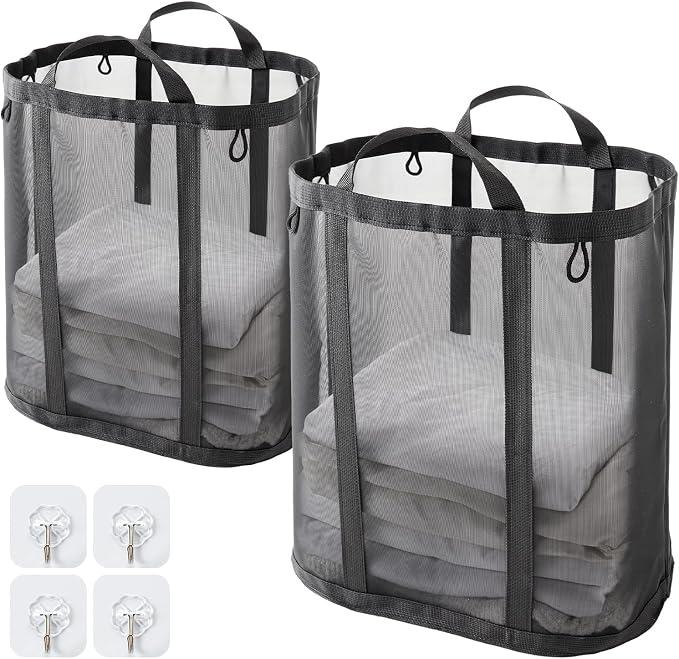 Mesh Laundry bag with Handles, 42L Collapsible Laundry Basket with 2 Hooks by TECHMILLY