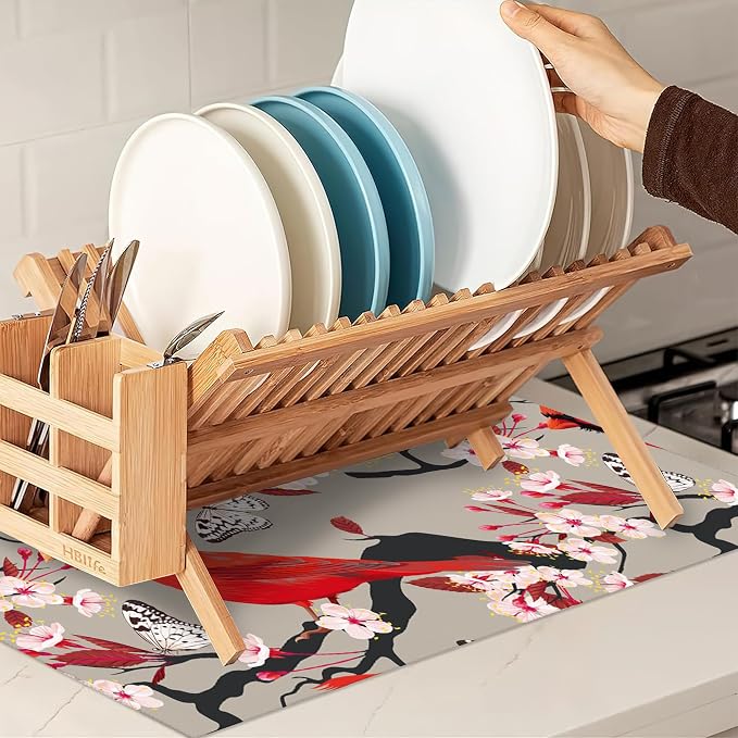 Red Cardinal Bird Dish Drying Mat, Cherry Blossom Drying Rack Pad Countertop - Image 7