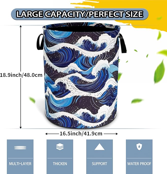 Ocean Wave Laundry Basket Sea Waves Foldable Oxford Cloth Funny Tote Bag - Image 2