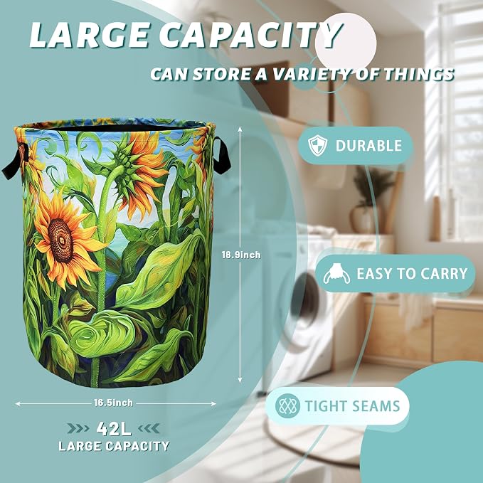 Watercolor Sunflowers Laundry Basket Foldable - Image 2