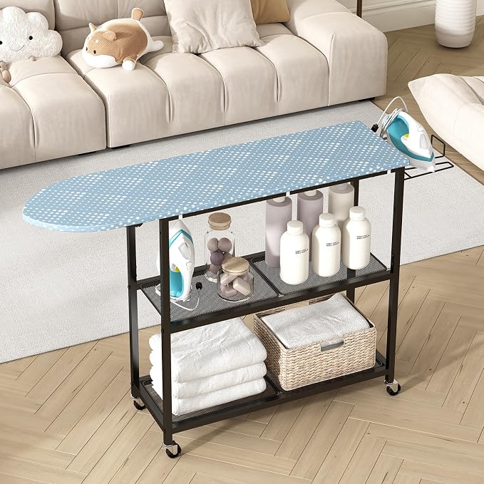 GILLAS Ironing Board with 2 Tier Storage Basket, Movable Ironing Board Full Size - Image 9