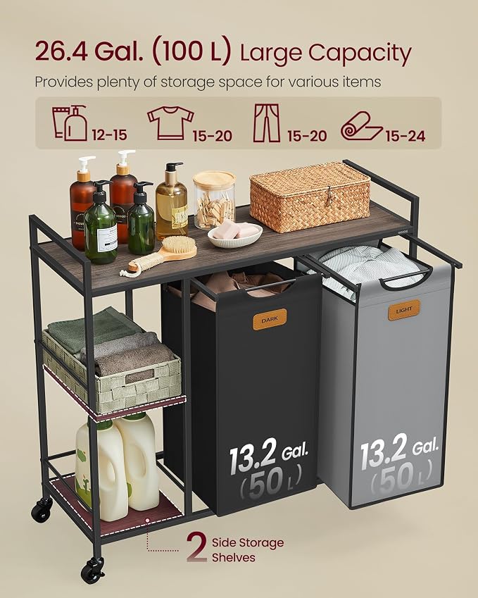 VASAGLE Laundry Hamper with 2 Compartments, 26.4 Gal. Laundry Sorter, Rolling - Image 3