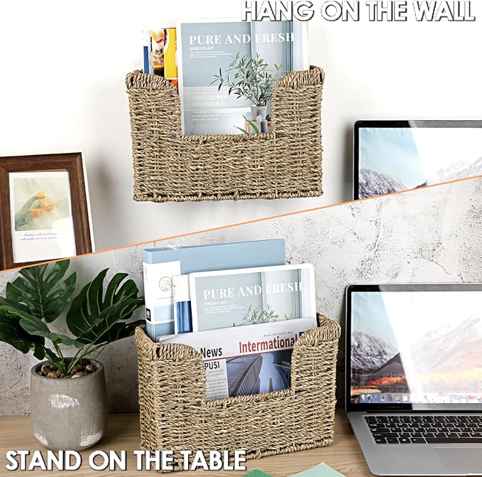 BTSKY Woven Hanging Magazine Holder, Seagrass Magazine Basket, Wall Mounted - Image 2