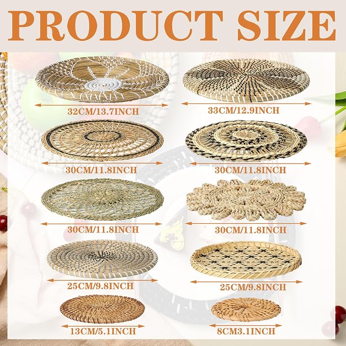 Tatuo 11 Pcs Boho Wall Basket Decor Decorative Bulrush Woven Basket Wall Decor - Image 4