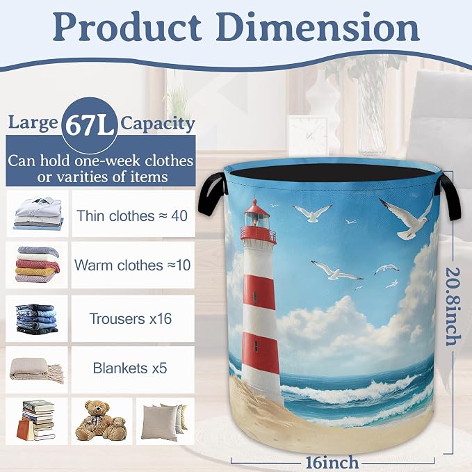 Lighthouse On The Beach Laundry Basket, Foldable Oxford Cloth Laundry Hamper - Image 2