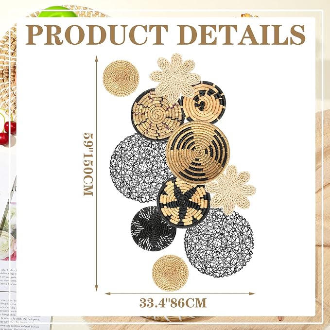Tatuo 11 Pcs Boho Wall Basket Decor Decorative Bulrush Woven Basket Wall Decor - Image 4