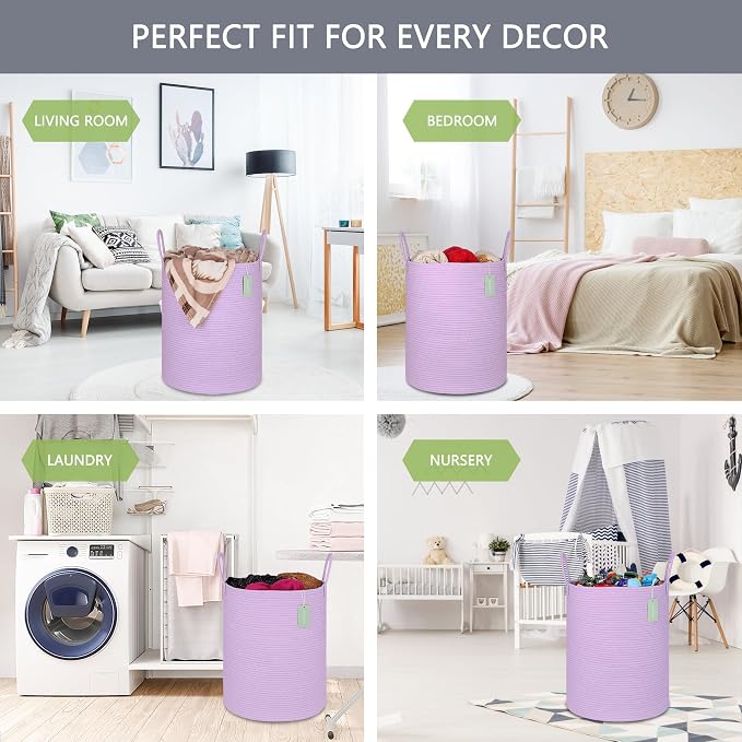 Large Cotton Rope Laundry Hamper 65L, Baby Nursery Hamper Bin - Image 3