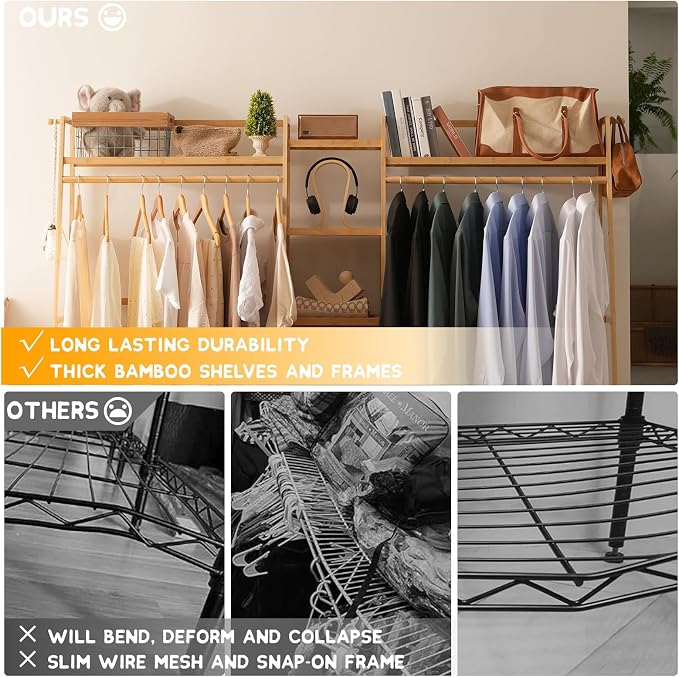 Bamboo Garment Rack 9 Tier Storage Shelf Coat Clothes Hanging Rack, Portable - Image 4