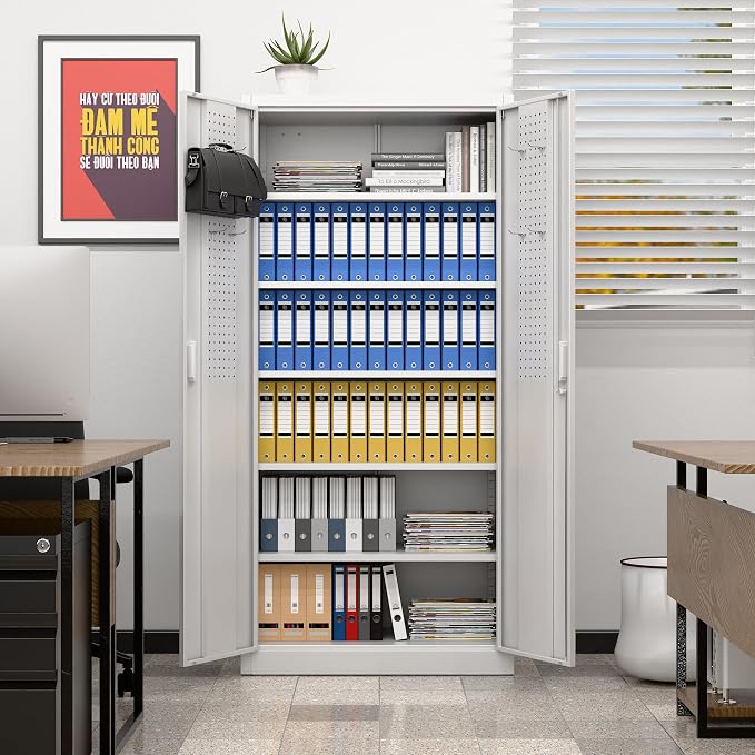 Metal Garage Cabinet with Pegboard and Hooks, Metal Tool Storage Cabinet with 2 - Image 8