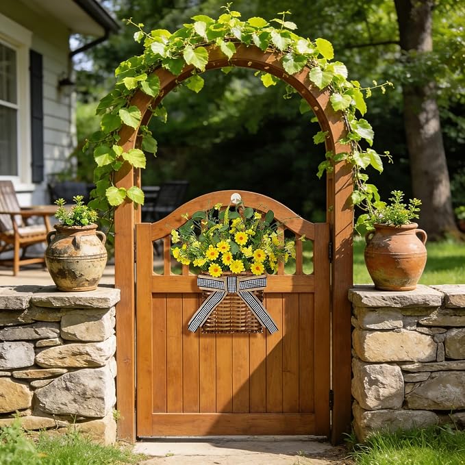 Spring Hanger Basket Wreath for Front Door 15" Yellow Daisy Basket Artificial - Image 3