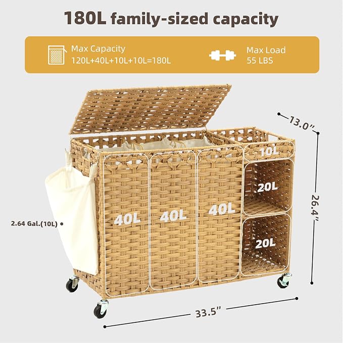 Laundry Hamper with Lid, 160L Rattan Wicker Laundry Basket with Wheels - Image 5