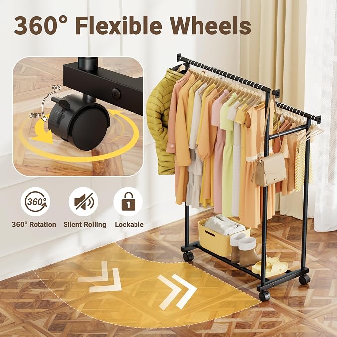 Double Rods Clothes Rack with Wheels, Rolling Clothing Rack - Image 6