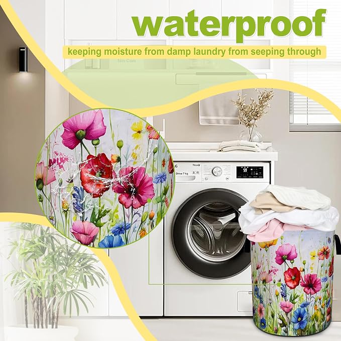 Colorful Flowers Laundry Basket Boho Floral Print Foldable Waterproof Oxford - Image 6