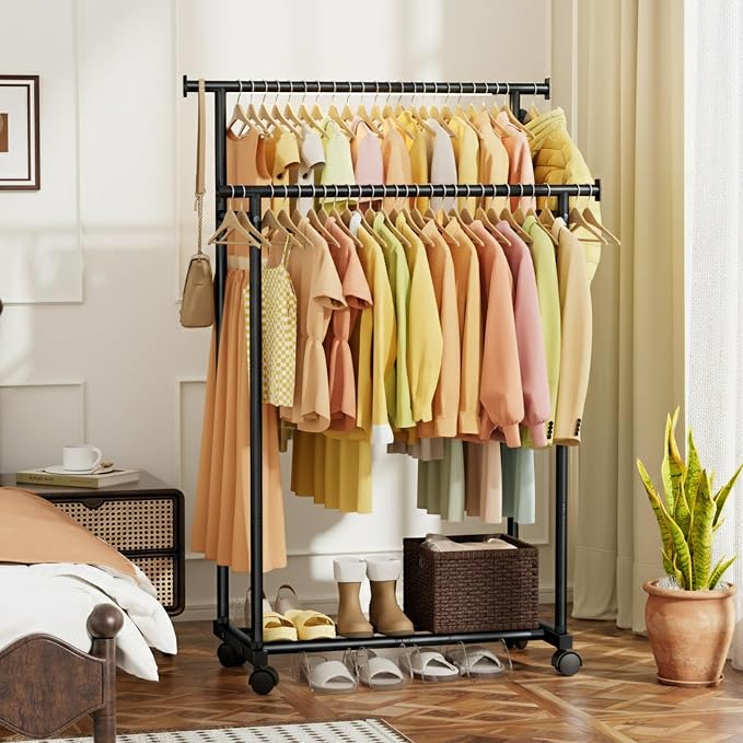 Double Rods Clothes Rack with Wheels, Rolling Clothing Rack - Image 7