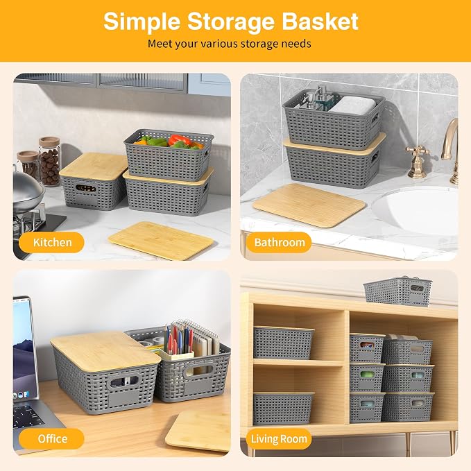 Plastic Storage Baskets with Bamboo Lids and Labels, Stackable Storage - Image 4
