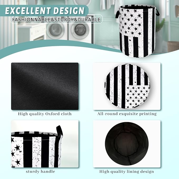 Retro Black and White American Flag Laundry Hamper USA Flag Laundry Basket - Image 4