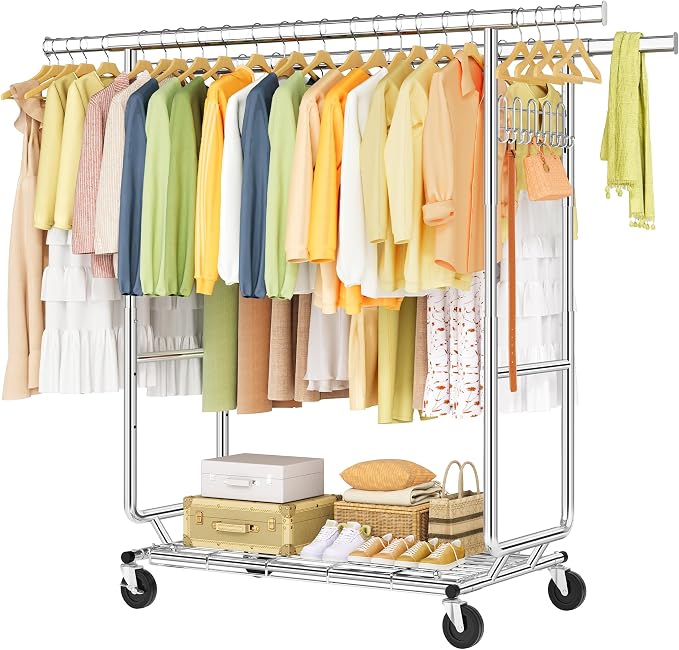 Hoctieon 2-Minute Assembly Double Rod Clothes Rack, Heavy Duty Rolling Clothing by Hoctieon