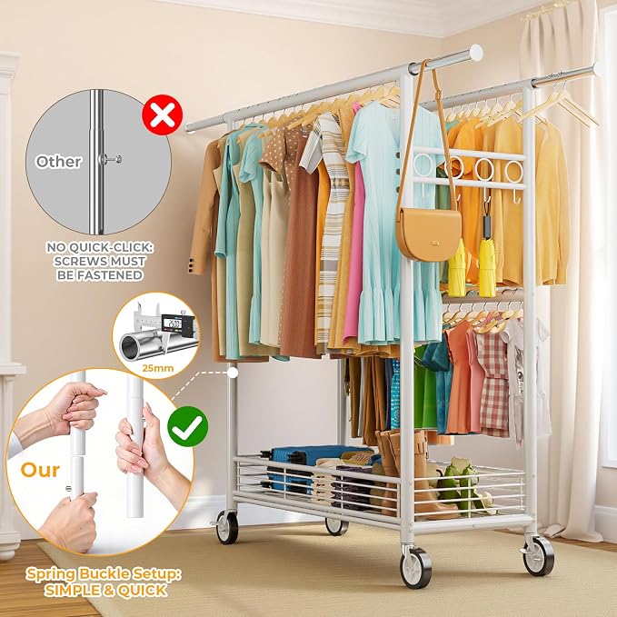Heavy Duty Clothes Rack Load 960LBS, Three Rods Rolling Clothing Racks - Image 8