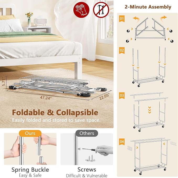 Hoctieon 2-Minute Assembly Double Rod Clothes Rack, Heavy Duty Rolling Clothing - Image 2