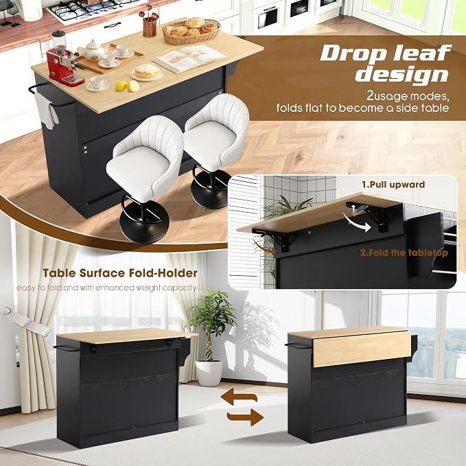 48" Kitchen Island with Trash Can Storage & Drop Leaf, Rolling Kitchen Island - Image 6