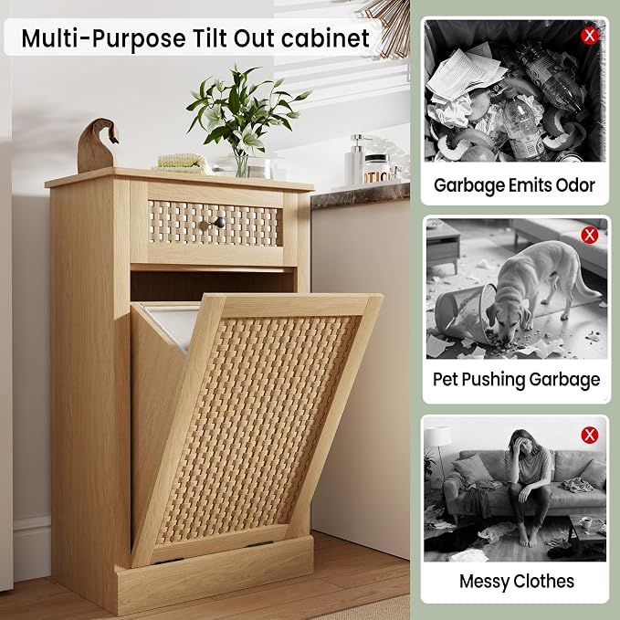 Tilt Out Laundry Hamper Cabinet, Rattan-Style Laundry Room Organization - Image 6