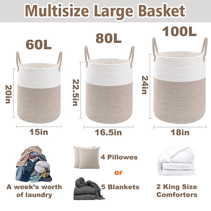 Large Woven Laundry Basket Hamper, 100L Cotton Rope Storage Bin - Image 3
