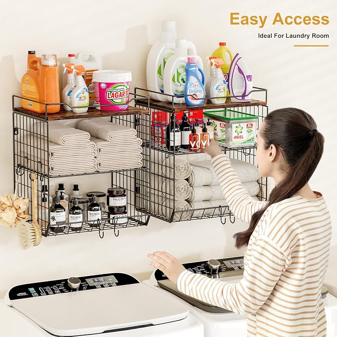 【2 PACK】3-Tier Wall Mounted Wire Baskets Work As-Laundry Room Shelves Over The - Image 2