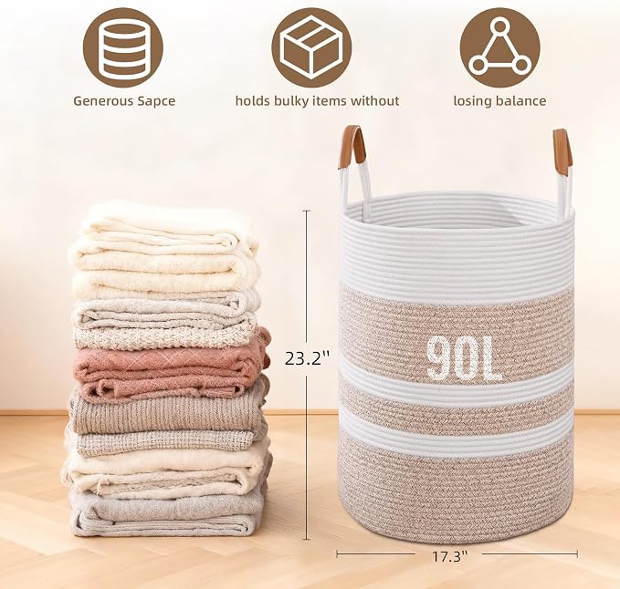 90L Striped Laundry Basket, Woven Cotton Rope Storage Bin - Image 4