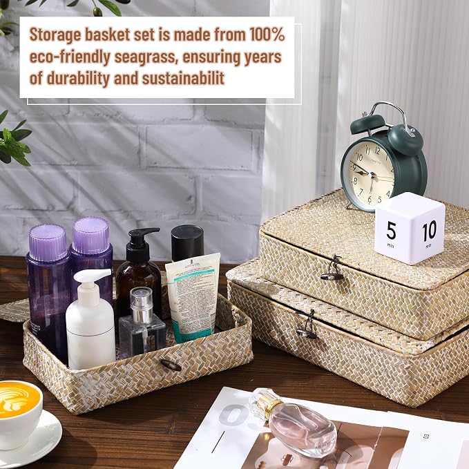Set of 4 Seagrass Basket with Lid Wicker Storage Basket Decorative Storage - Image 4