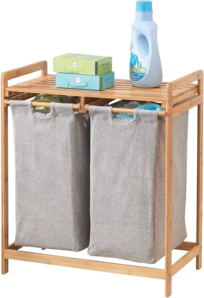 mDesign Freestanding Bamboo 2 Section Double Laundry Organizer Hamper by mDesign