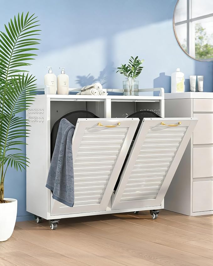 Double Tilt Out Laundry Hamper Cabinet, Locking Caster Metal Frame, Waterproof by UVGHPW