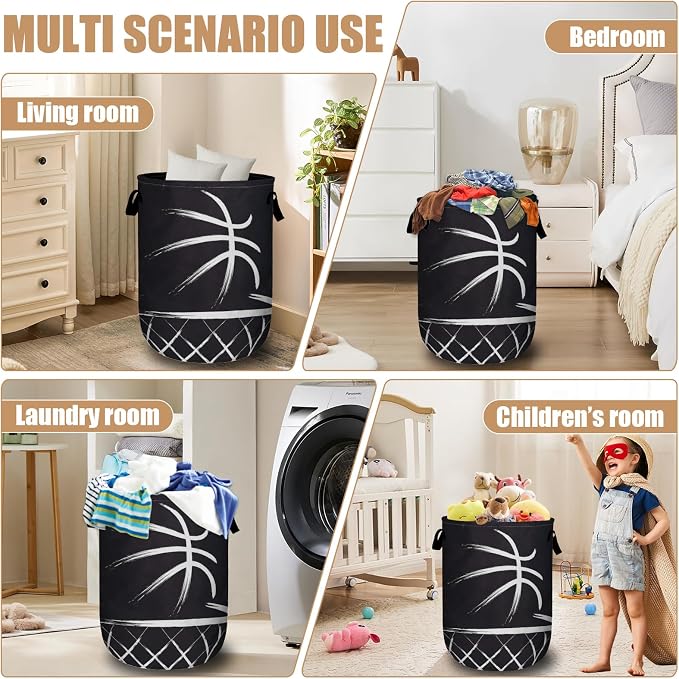 Black Basketball Laundry Basket, Foldable Sport Ball Theme Laundry Hamper Tote - Image 7