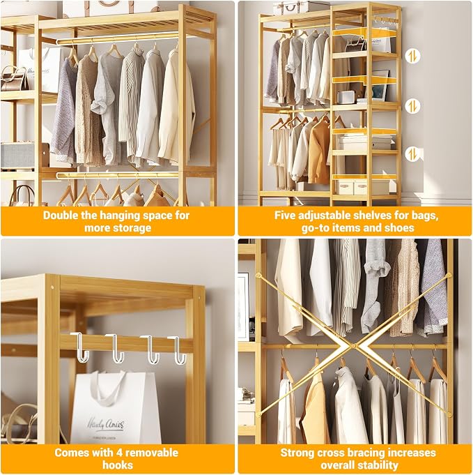 Homykic Closet System Set of 2, Bamboo Clothing Rack - Image 6