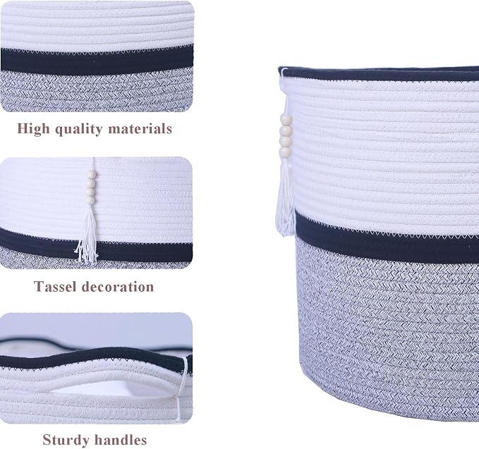Large Woven Rope Laundry Hamper, Cotton Rope Storage Basket - Image 4