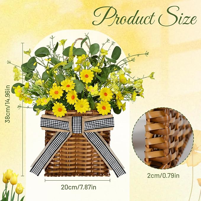 Spring Hanger Basket Wreath for Front Door 15" Yellow Daisy Basket Artificial - Image 2