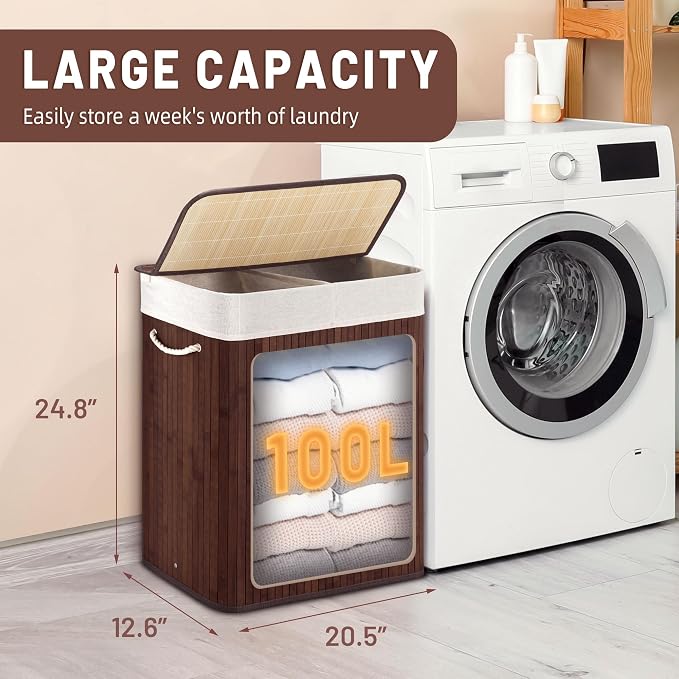 100L Laundry Hamper with lid, 2-Section Clothes Laundry Basket with Handles - Image 2