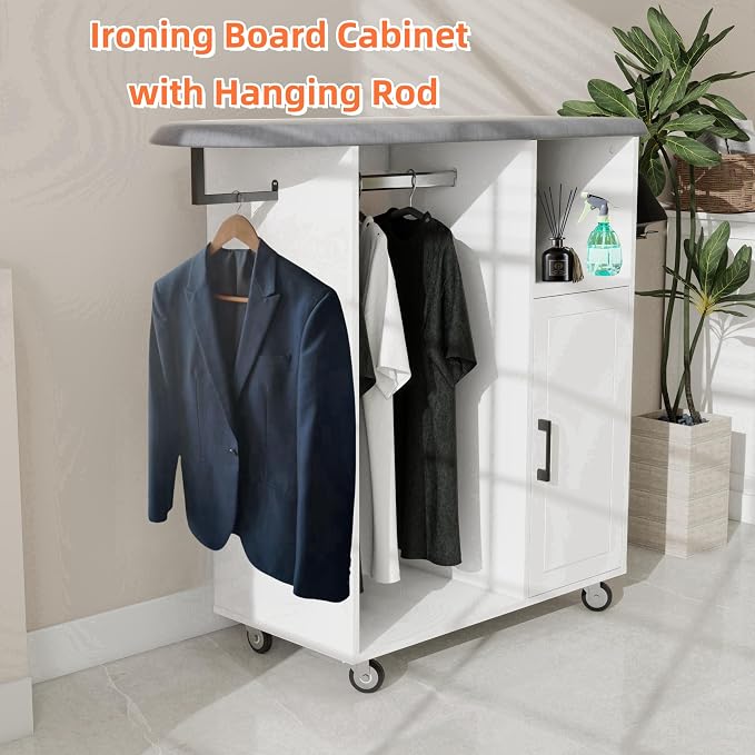 Rolling Ironing Board with Storage Cabinet, Ironing Cabinet with Wheel - Image 3