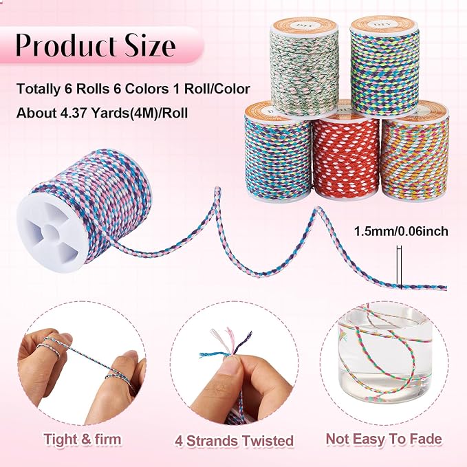 6 Rolls 1.5mm Twisted Macrame Cotton Cord 4-Ply Braiding Beading Thread Chinese - Image 2