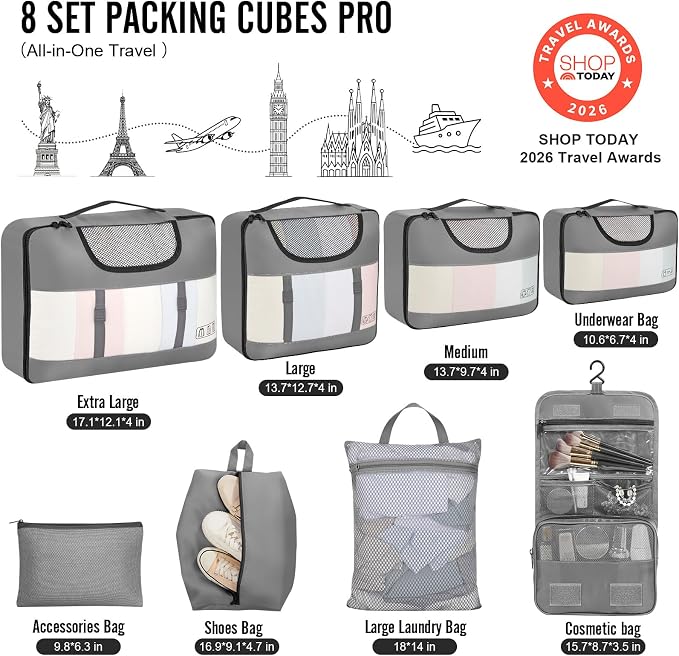 Veken 8 Set Packing Cubes for Travel Essentials, Suitcase Organizer Bags in 4 - Image 2