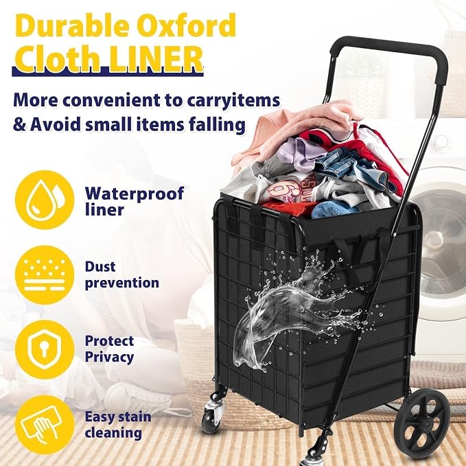 Foldable Shopping Cart with Waterproof Basket Liner & 360° Swivel Wheels | - Image 2