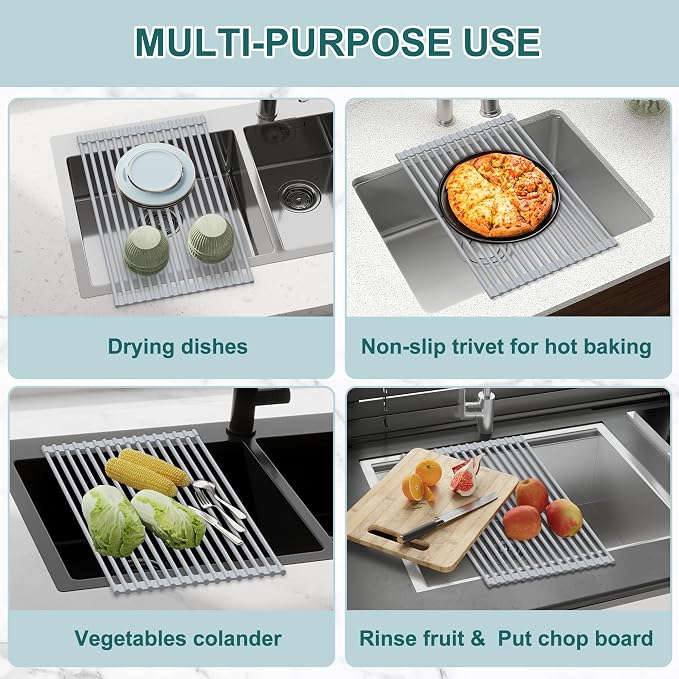 Roll Up Dish Drying Rack, Silicone Wrapped Over The Sink Multipurpose Foldable - Image 4